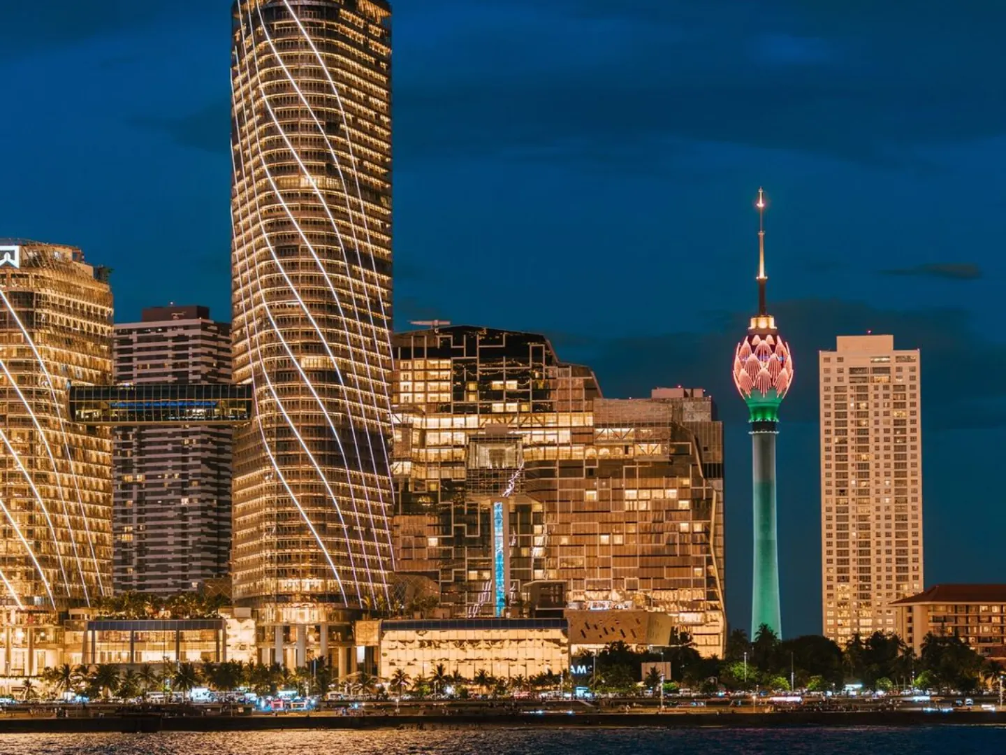 Colombo skyline and Lotus Tower illuminated at night